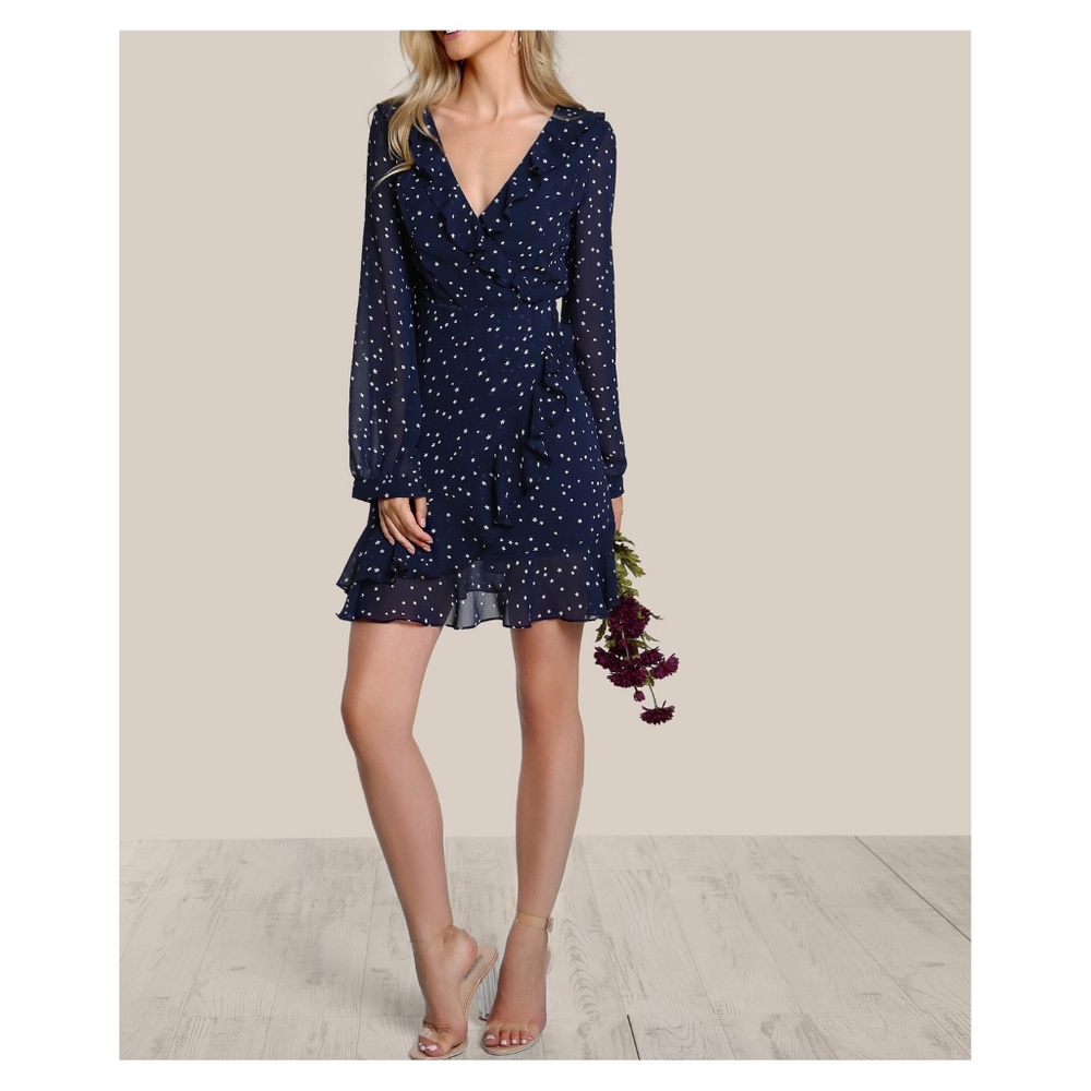❗️Blue White Stars Long Sleeve Frilled Wrap Dress - Picture 5 of 8